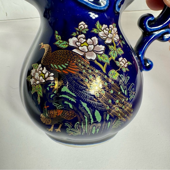 Vintage Cobalt Blue Pitcher creamer decorated with gold trim and two Peacocks - Picture 2 of 10